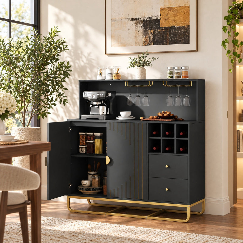 Airfind Home Bar Cabinet with Wine Rack Glass Holder and Adjustable Shelf, 47 Inch x 16 Inch x 48.5 Inch Inner Footprint, Black