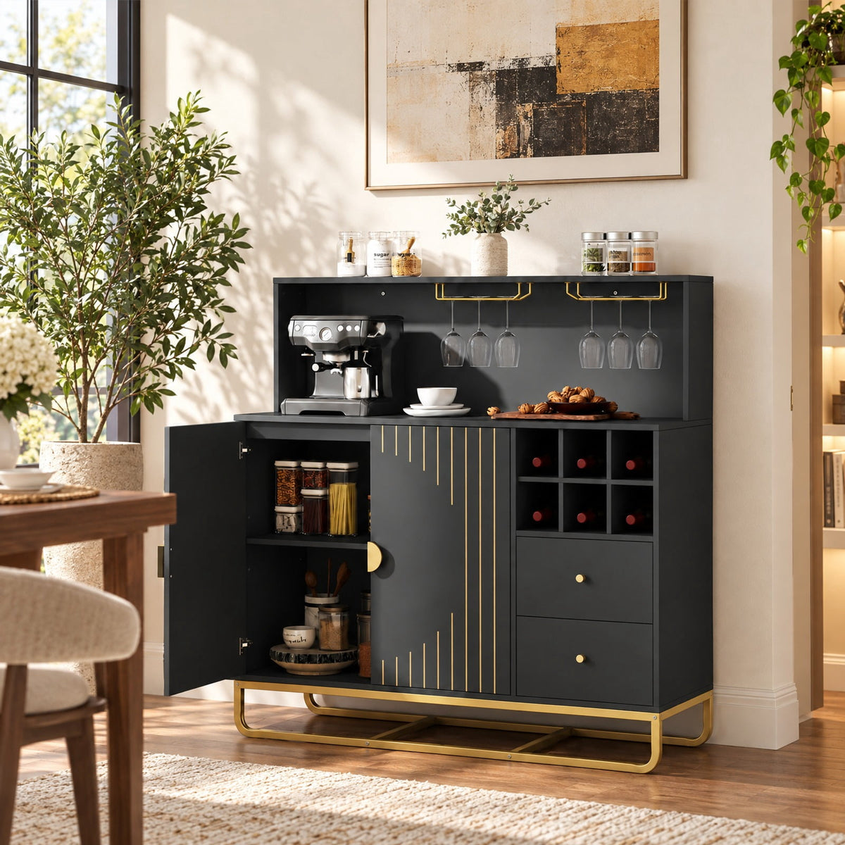 Airfind Home Bar Cabinet with Wine Rack Glass Holder and Adjustable Shelf, 47 Inch x 16 Inch x 48.5 Inch Inner Footprint, Black