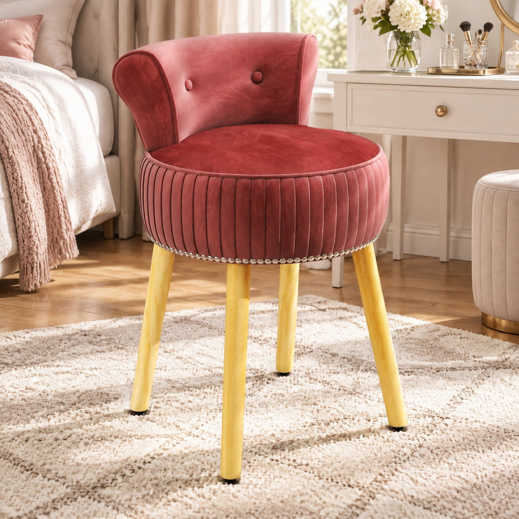 Airfind Velvet Vanity Chair with Back Upholstered Vanity Stool with Tufted Low Back and Solid Wood Legs, 234 lbs Capacity, Rubber Wood Frame, Pink