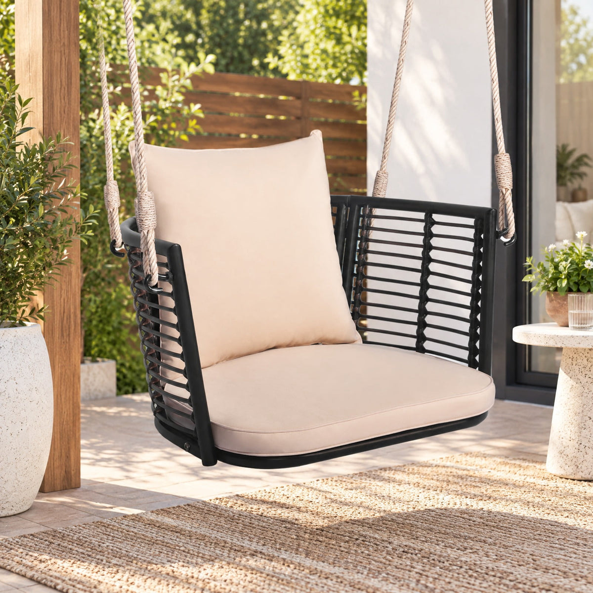 Airfind Single Person Hanging Seat with Woven Rattan Backrest for Backyard, 400 lbs Capacity, 30.5 x 24.5 x 15 Suitable Hanging Footprint