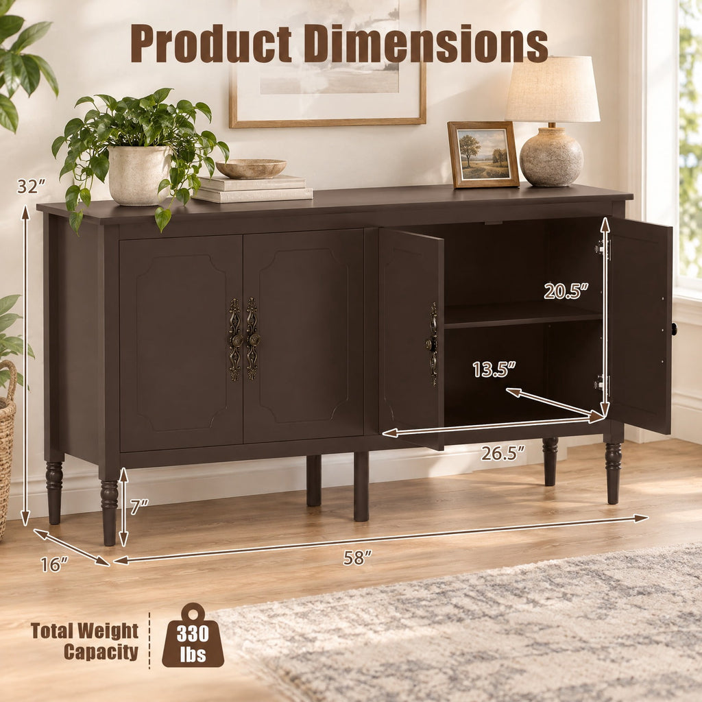 Airfind 58 Vintage Buffet Cabinet with Pine Wood Legs and Adjustable Shelves for Kitchen, 150 lbs Capacity, Engineered Wood Pine Wood Metal Frame
