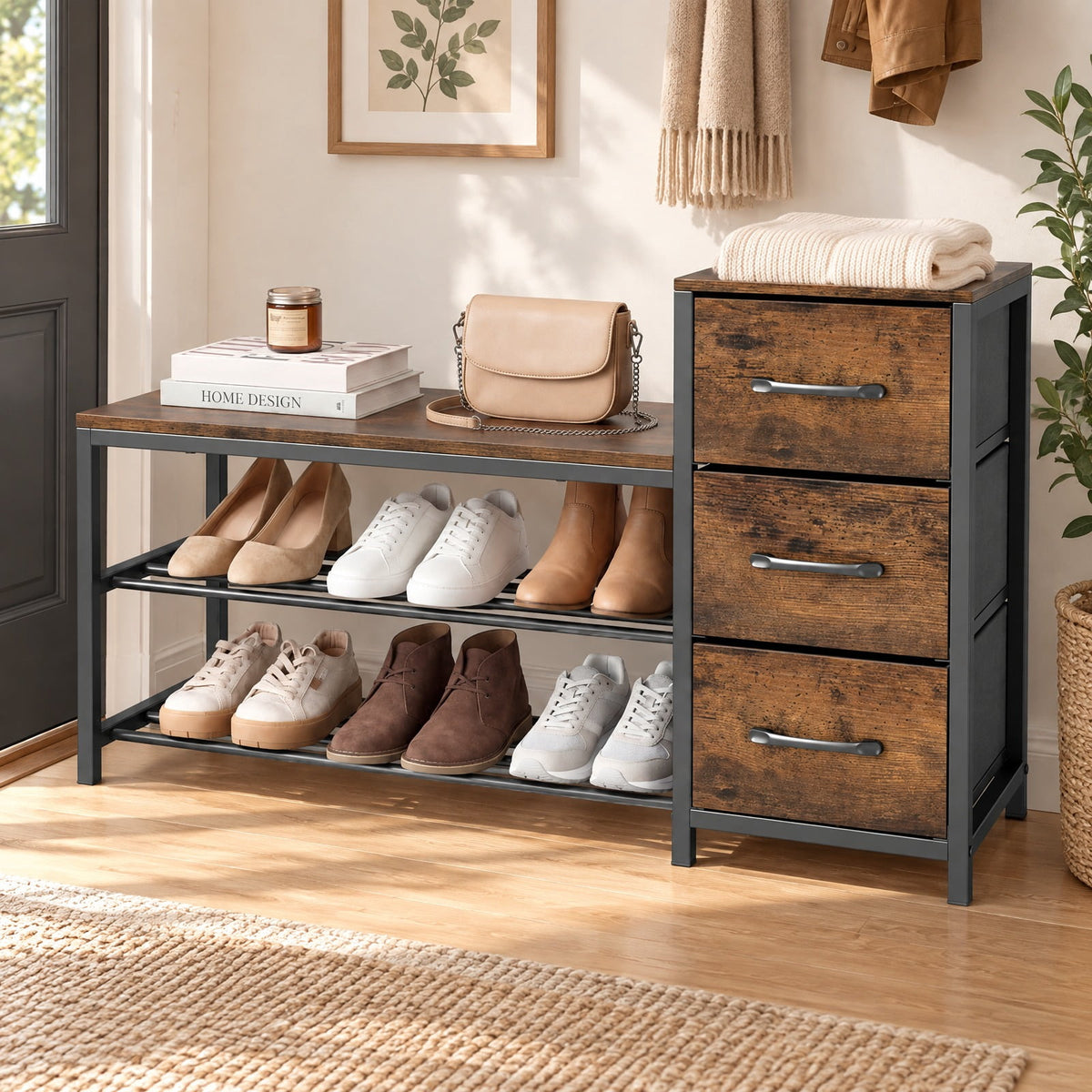 Airfind 3-Tier Industrial Shoe Bench with 3 Removable Fabric Drawers and Anti-toppling Kits, 209 lbs Capacity, Engineered Wood Frame, Brown