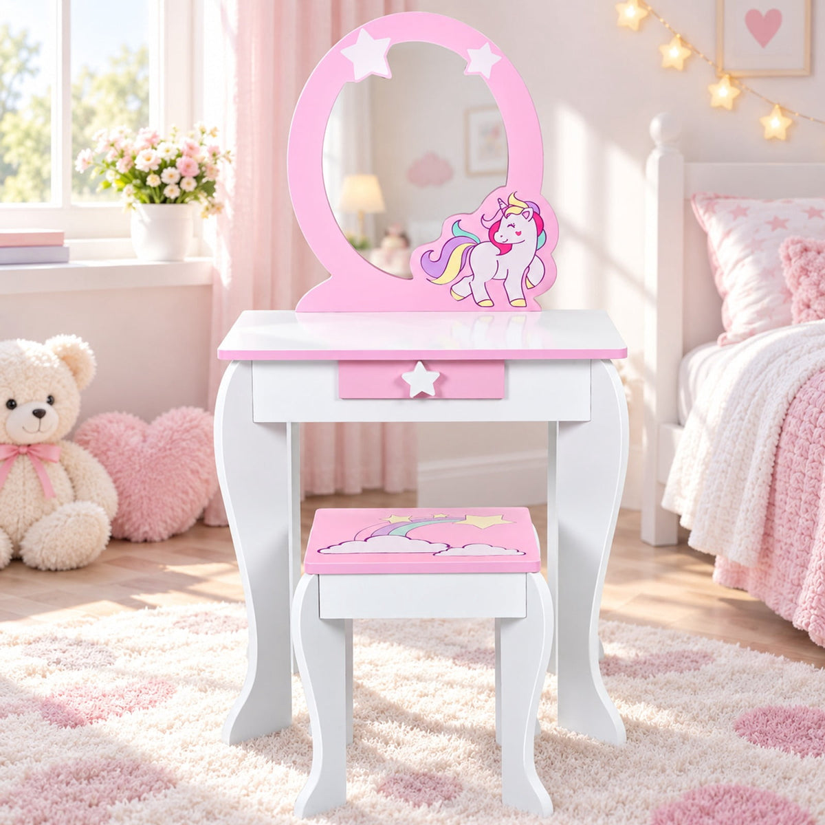 Airfind Kids Wooden Makeup Dressing Table and Chair Set with Mirror and Drawer, MDF Frame, 19 Inch x 14 Inch x 35 Inch Footprint, White