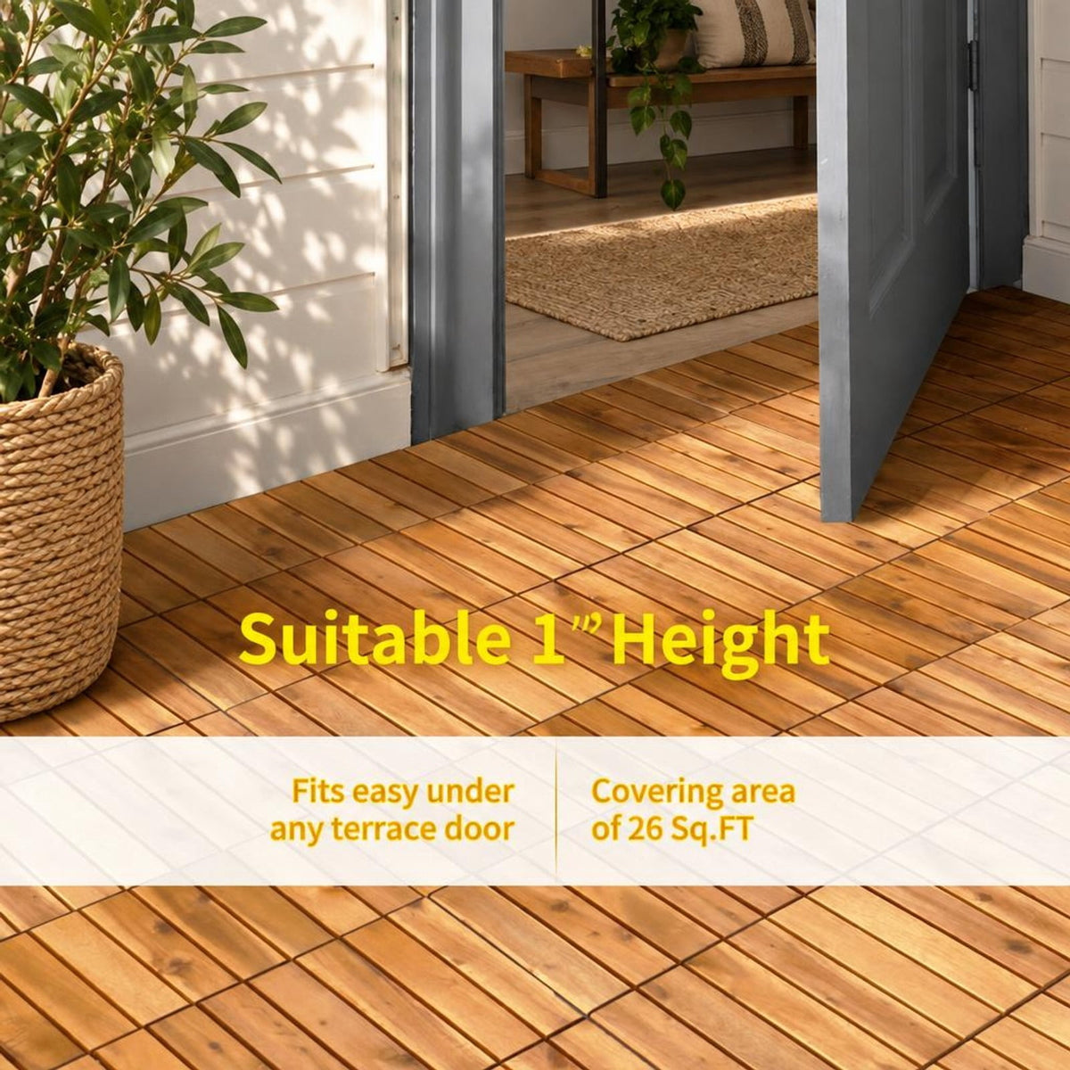 Airfind 27 Pieces Acacia Wood Interlocking Patio Deck Tile, Acacia Wood Plastic, 12 Inch X 12 Inch X 1 Inch (l X W X L) Covering Area: 27 Sq.ft, Natural