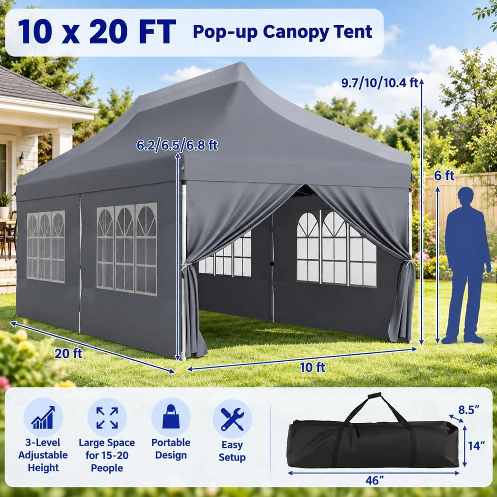 Airfind 10 x 20 FT Pop up Canopy with 6 Sidewalls and Windows and Carrying Bag for Party Wedding Picnic, Grey