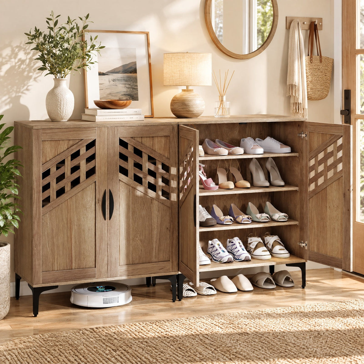 Airfind 4 Tier Farmhouse Shoe Storage Cabinet with Removable Shelves and Metal Legs, 180 lbs Capacity, Engineered Wood MDF Metal Frame, Walnut