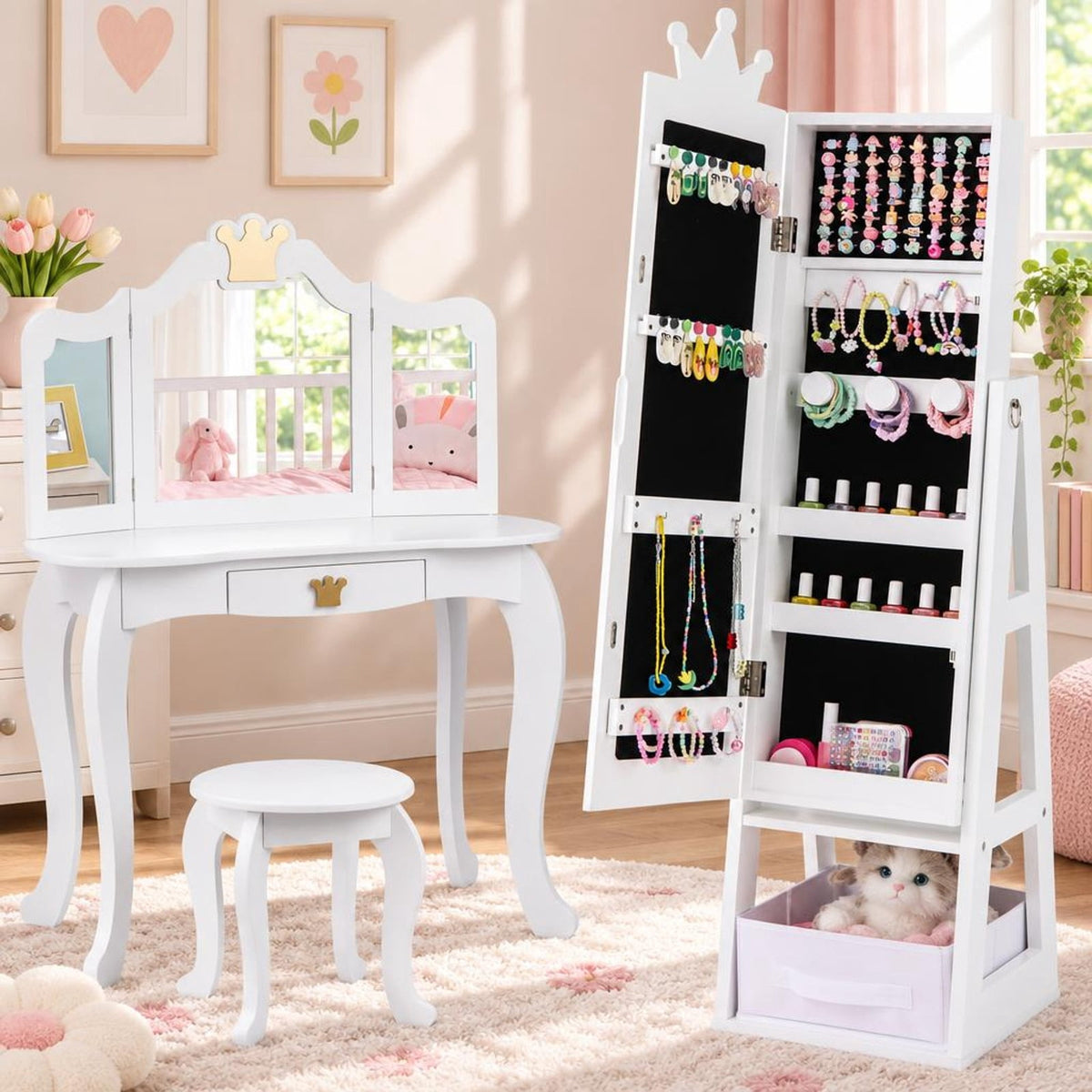 Airfind Free-Standing Full Length Kids Jewelry Armoire Cabinet with Storage Capacity, MDF Frame, 12.5 Inch x 12 Inch x 45.5 Inch Footprint, White
