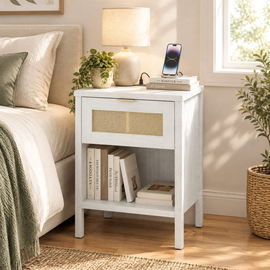 Airfind Rattan Nightstand with Charging Station and Storage Shelf for Bedroom, 88 lbs Capacity, Engineered Wood PVC Rattan Metal Frame, White