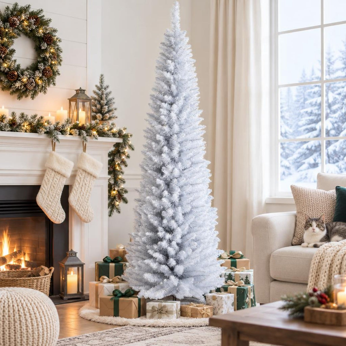 Airfind 7 Feet Unlit Artificial Slim Christmas Pencil Tree with Metal Stand-7 ft, PVC iron Height: 5ft/6ft/7ft Base width: 1.7ft/2.4ft/2.8ft Frame