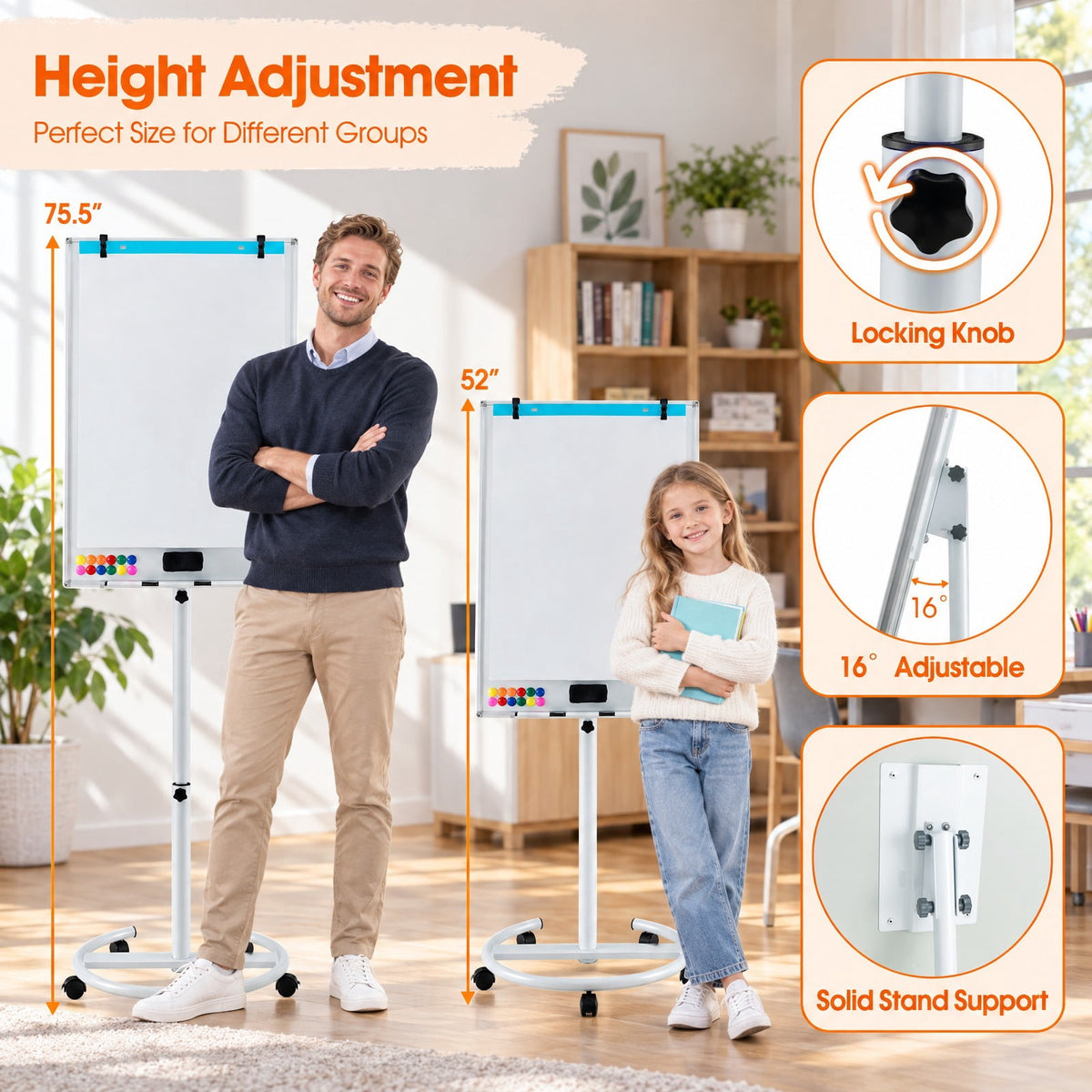 Airfind Height-Adjustable Mobile Whiteboard with Round Stand Paper Clips, Plastic Metal Frame, 26 x 24 x 52-75.5 Footprint, White