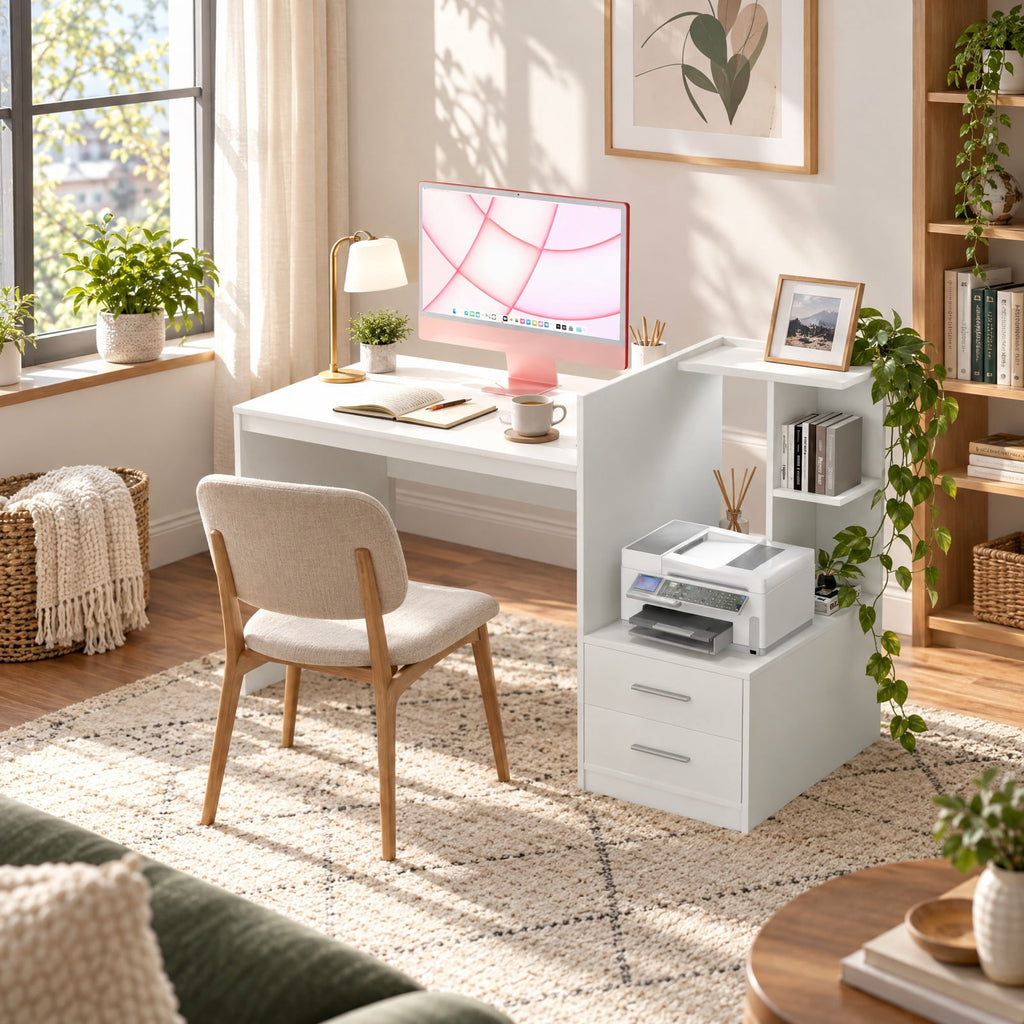 Airfind Computer Desk Home Office with Bookshelf and Drawers, 110 lbs Capacity, MDF Frame, 51 x 24 x 35.5 Footprint, White