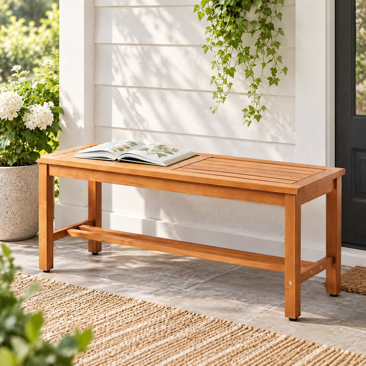 Airfind Outdoor Acacia Wood Patio Bench for 2 with Slatted Seat-1 Piece, 800 lbs Capacity, Acacia Wood Frame, 40 x 14 x 17 Footprint, Wood