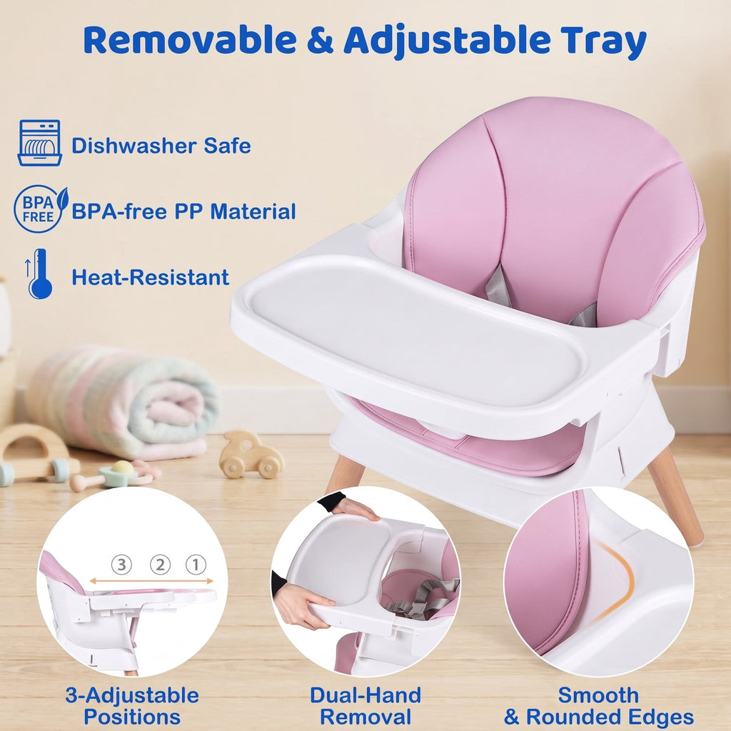 Airfind 9-in-1 Convertible High Chair with Solid Wood Legs for Babies and Toddlers, 33 lbs Capacity, PP Frame, for 6 months to 3 years old, Pink