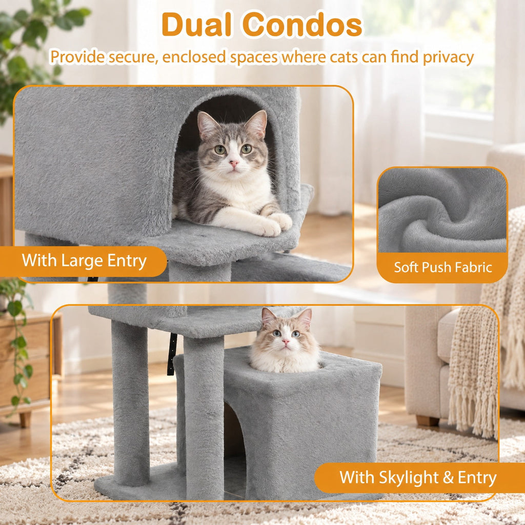 Airfind 57 Inch Cat Tree with Dual Condos and Hammock and 2 Dangling Balls, 29 x 16 Footprint, Light Gray