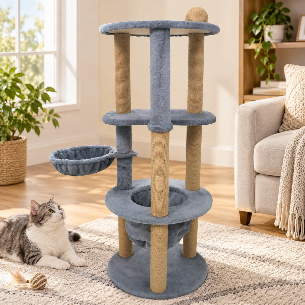 Airfind 47 Inches Tall Cat Tower with Cat Nest and Scratching Posts, 33 lbs Capacity, Engineered Board Plush Jute Total Height 47 Base Frame, Gray