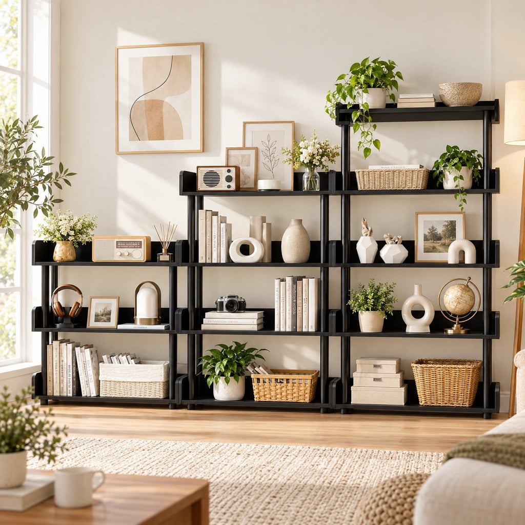 Airfind 4-Tier Bookshelf Open Bookcase with Anti-Tipping Kit Industrial Storage Unit, 33 lbs Capacity, Engineered Wood PE PP Frame, Black