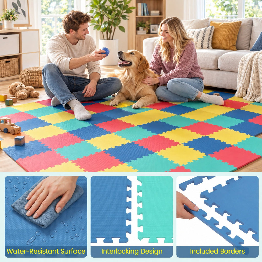 Airfind 18 Pack Interlocking EVA Foam Floor Tiles with Boarders, EVA Foam Frame, 72 Inch x 37 Inch x 0.4 Inch Footprint, Multicolor