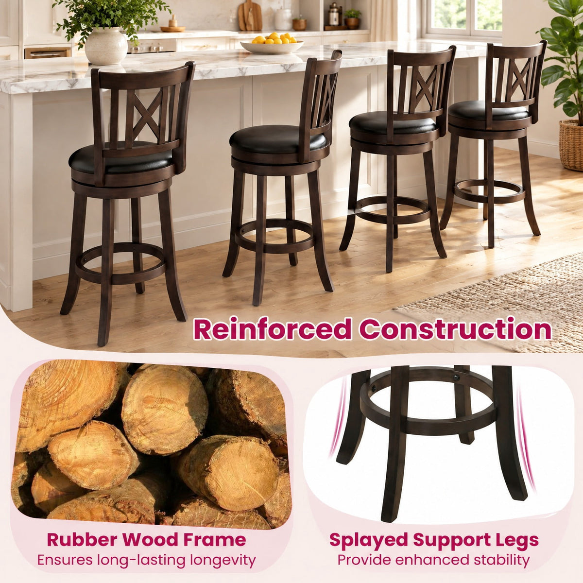 Airfind Set of 4 Bar Stools Swivel Bar Chairs with Hollowed Backrest and Footrest-26 inches, 275 lbs Capacity, 20 Inch x 18 Inch x 39.5 Inch Footprint