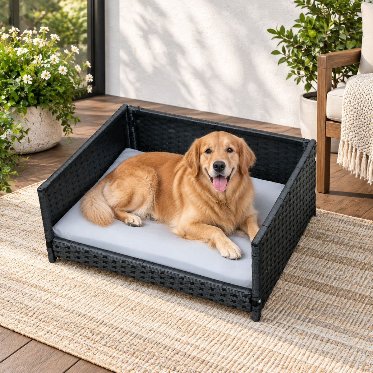 Airfind Rattan Dog Bed with Waterproof Soft Cushion for Medium Small Dogs Cats, 66 lbs Capacity, 24.5in x 18in x 10in Footprint, Gray