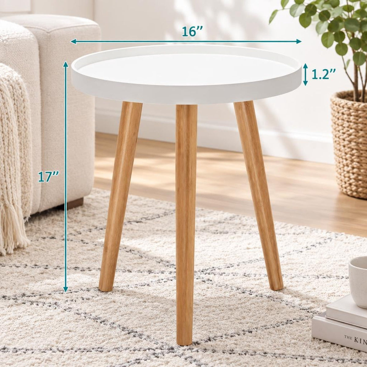 Airfind Round Side Sofa Coffee Table with Wooden Tray, 33 lbs Capacity, MDF panel bamboo feet Frame, White