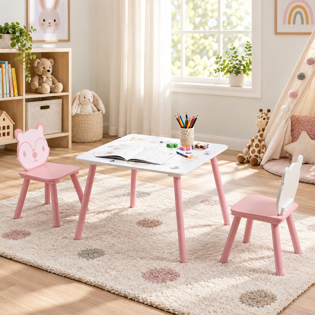 Airfind 3 Pieces Kids Table and Chairs Set with Animal Patterns for Kids, 44 lbs Capacity, Pine Wood Frame, for 3-6 Years Old