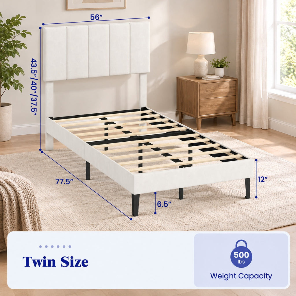 Airfind off-white Linen Upholstered Platform Bed with Height Adjustable Vertical Channel Headboard, 500 lbs Capacity, Velvet Frame, Off-White