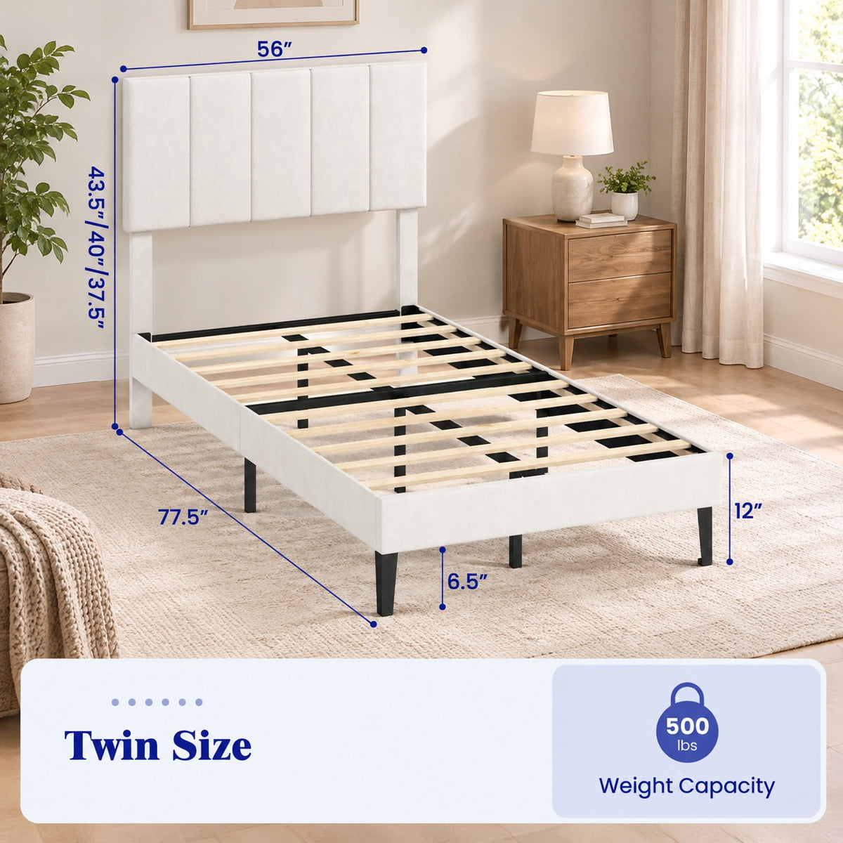 Airfind off-white Linen Upholstered Platform Bed with Height Adjustable Vertical Channel Headboard, 500 lbs Capacity, Velvet Frame, Off-White