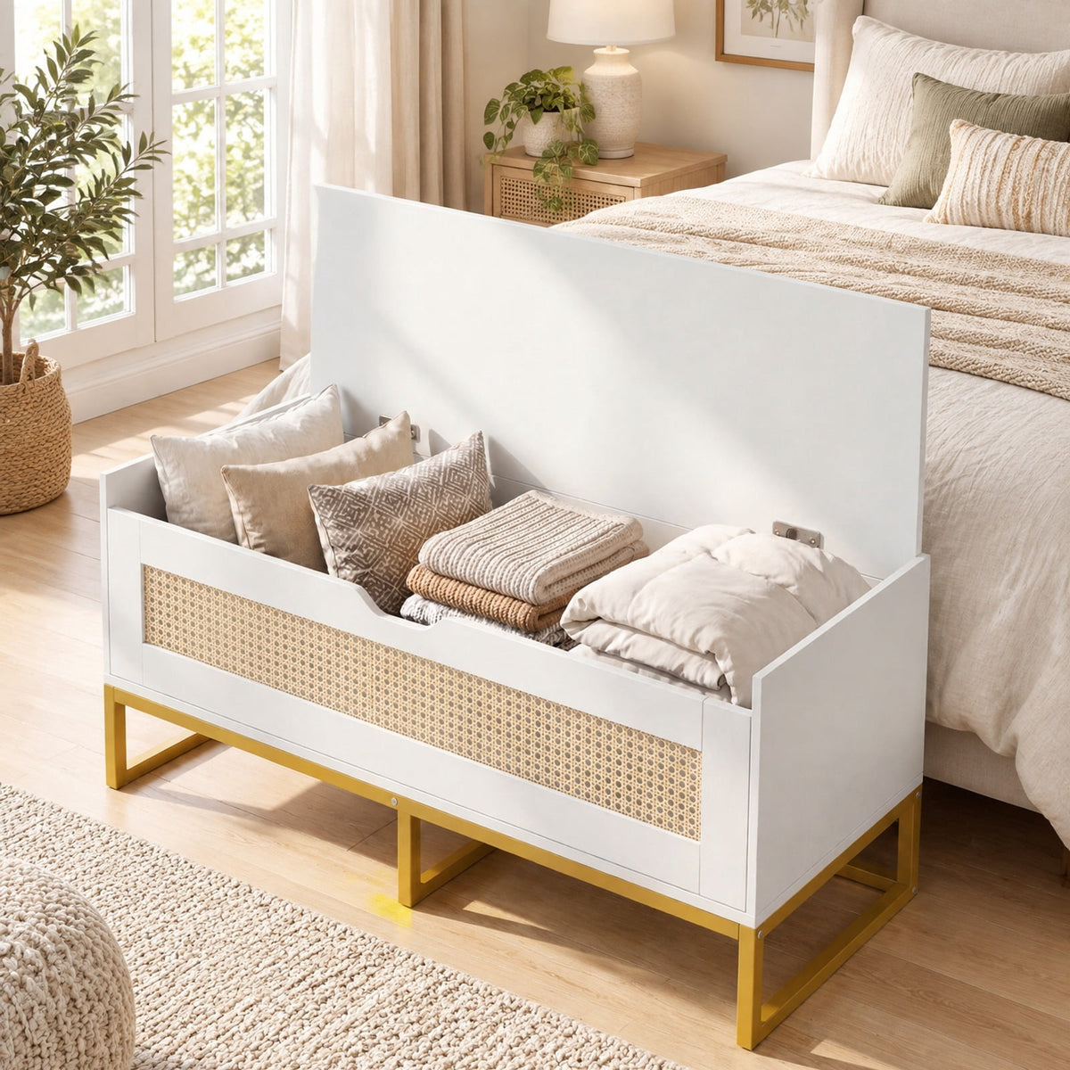 Airfind 39.5in Rattan Storage Chest Wicker Shoe Bench with Padded Seat Flip-Top, 440 lbs Capacity, Engineered Wood PE Rattan Metal Frame, White