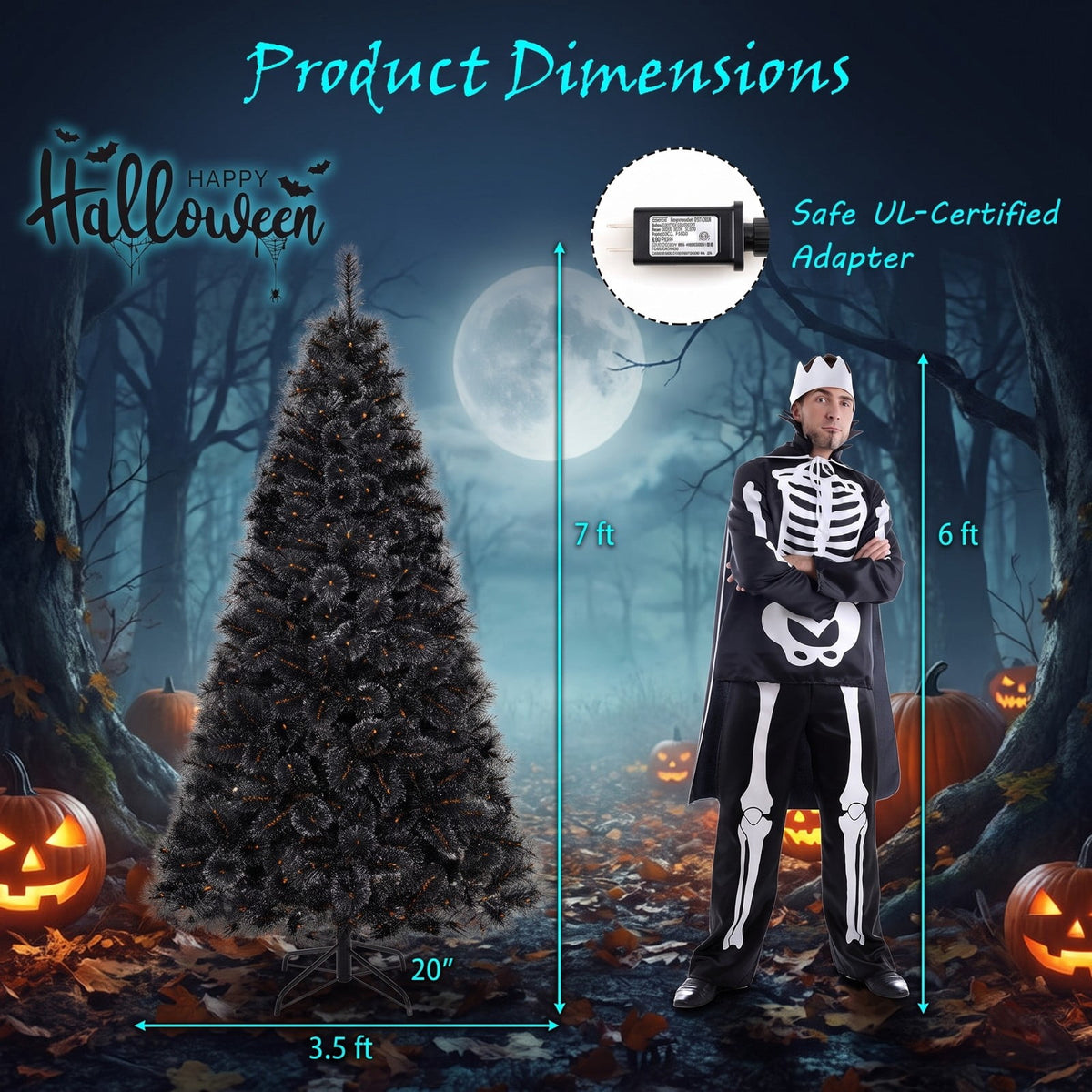 Airfind 6/7/8 Feet Black Artificial Halloween Christmas Tree with PVC Branch Tips and 210/320/450 Cool White LED Lights, Black