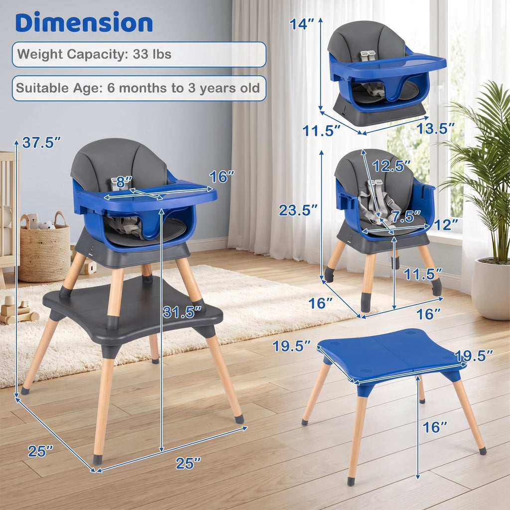 Airfind 9-in-1 Convertible High Chair with Solid Wood Legs for Babies and Toddlers, 33 lbs Capacity, PP Frame, for 6 months to 3 years old, Gray