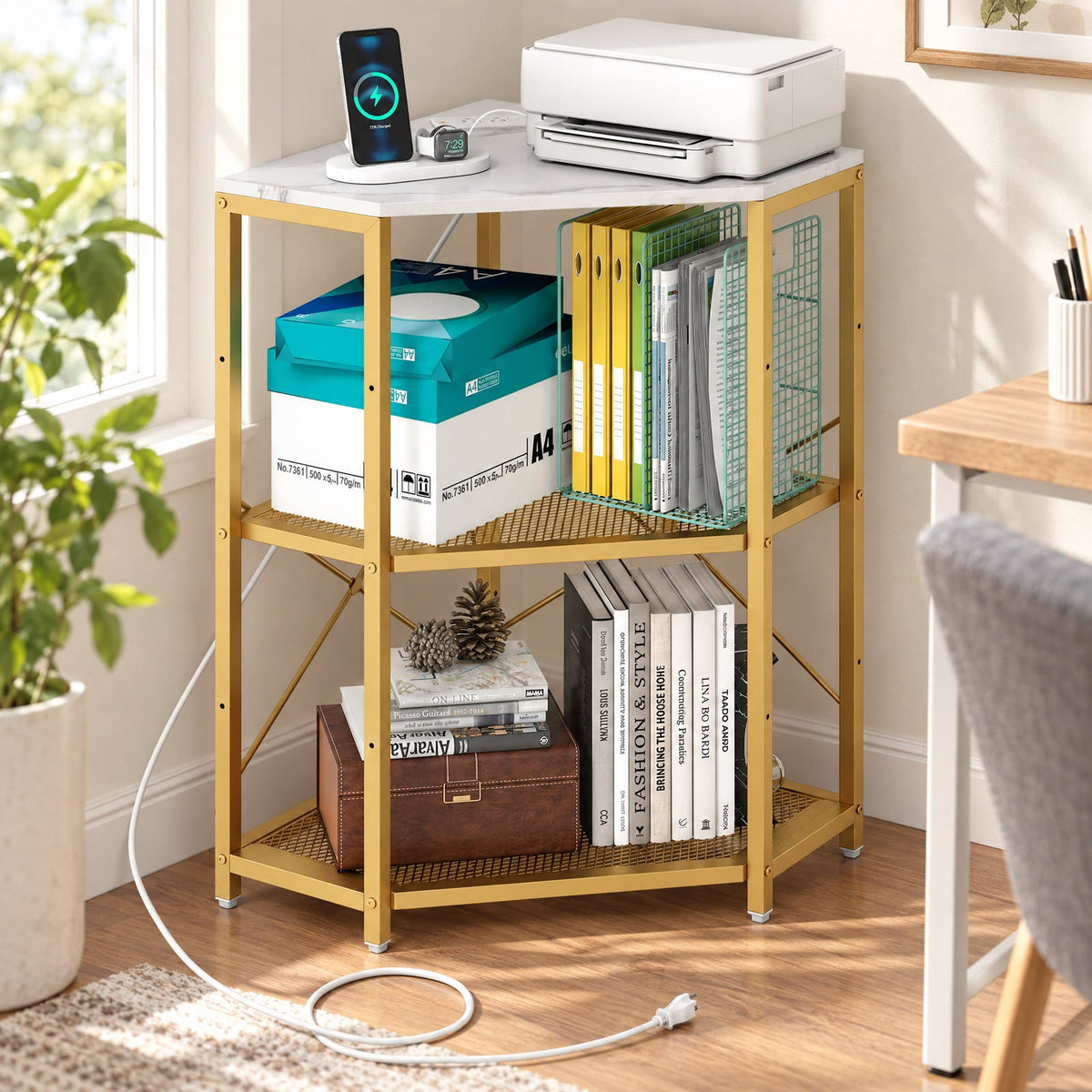 Airfind Corner Printer Stand with Power Outlet 3-Tier Storage Rack with Adjustable Shelf, 70 lbs Capacity, Engineered Wood Metal Frame, Brown