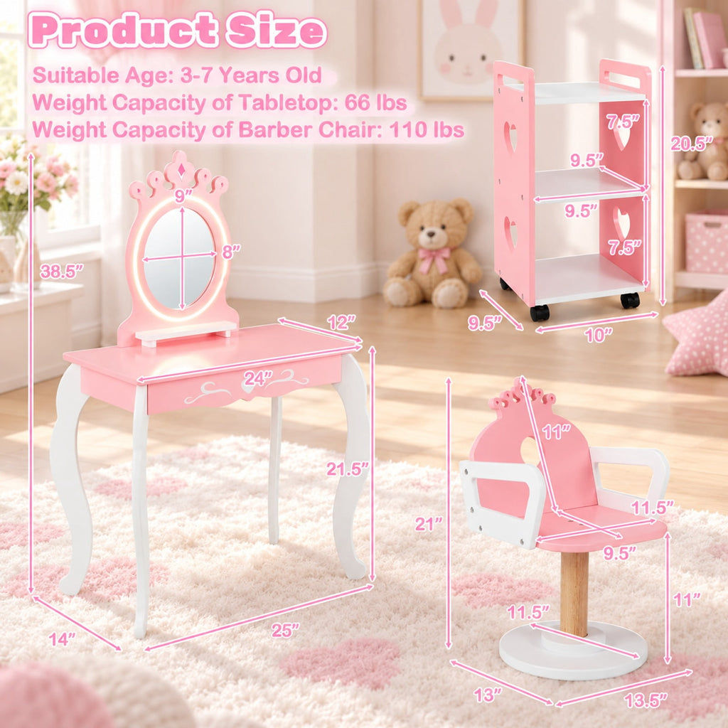 Airfind Kids Hair Salon Play Set with LED Lighted Mirror Wooden Pretend Hair Salon Station with Swivel Barber Chair, 66 lbs Capacity, Pink