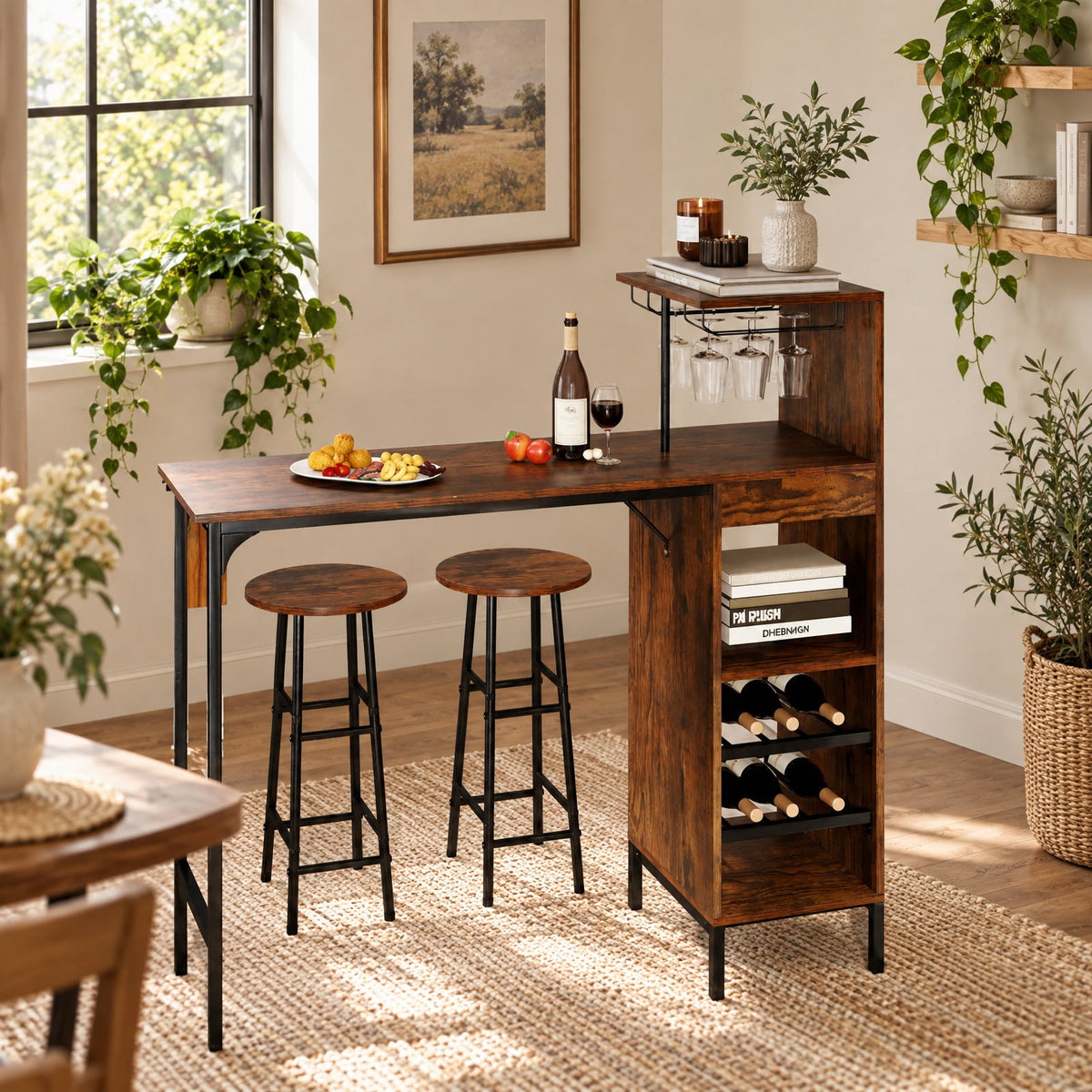 Airfind 3 Piece Bar Table and Chairs Set with 6-Bottle Wine Rack, MDF Metal, 48 Inch X 15.5 Inch X 48 Inch for Convenient Everyday Use, Brown
