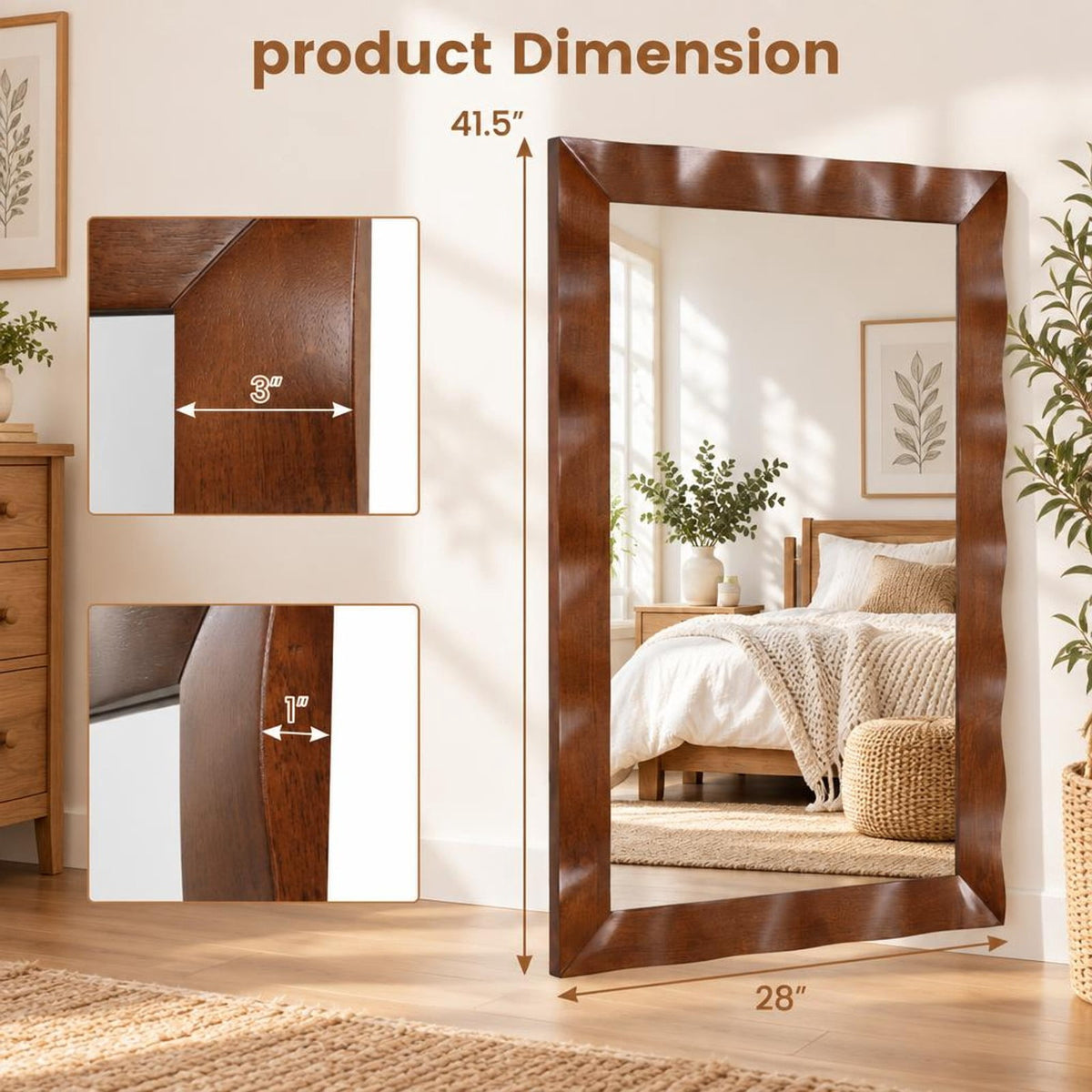 Airfind 41.5 x 28 inches Farmhouse Wall Mirror with Solid Wood Frame, Brown, Stable MDF back boards for added sturdiness