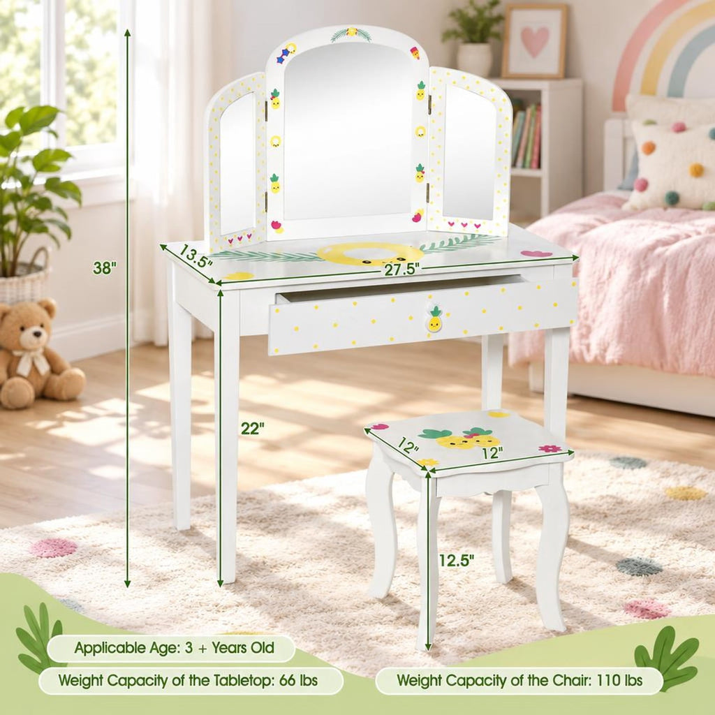 Airfind Youth Vanity Table and Stool Set with Tri-Folding Mirror, Large Storage Drawer and Anti-Tip Design for Bedroom, White