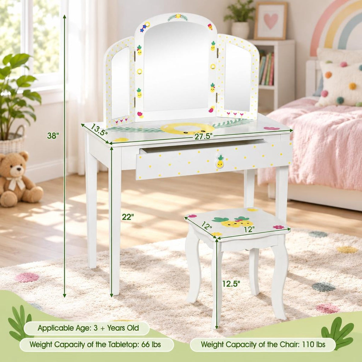 Airfind Youth Vanity Table and Stool Set with Tri-Folding Mirror, Large Storage Drawer and Anti-Tip Design for Bedroom, White