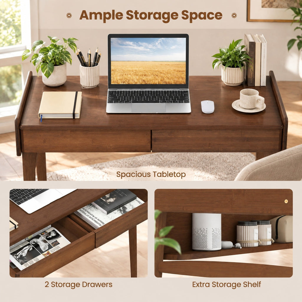 Airfind Bamboo Writing Desk with 2 Storage Drawers and Open Shelf, 110 lbs Capacity, Bamboo Frame, Walnut