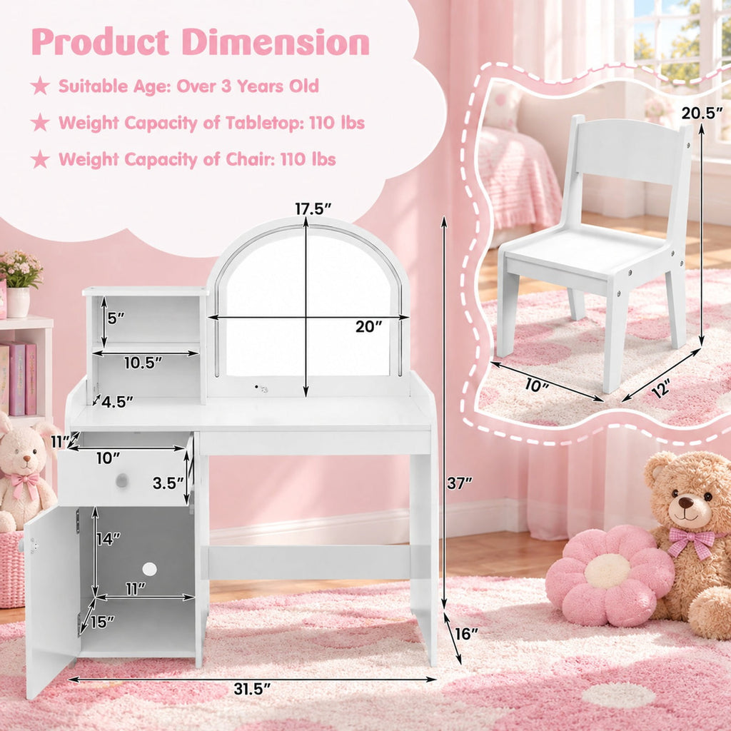Airfind Kids Vanity Table and Chair Set with Shelves Drawer and Cabinet, P2 MDF Acrylic Frame, for Over 3 Years Old, 31.5 Inch x 16 Inch x 37 Inch Footprint