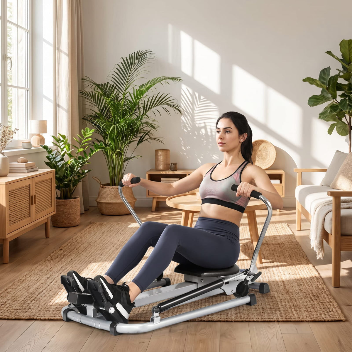 Airfind Adjustable Double Hydraulic Rowing Machine with LCD Monitor for Full Body Cardio Home Gym Foldable Workout, Black