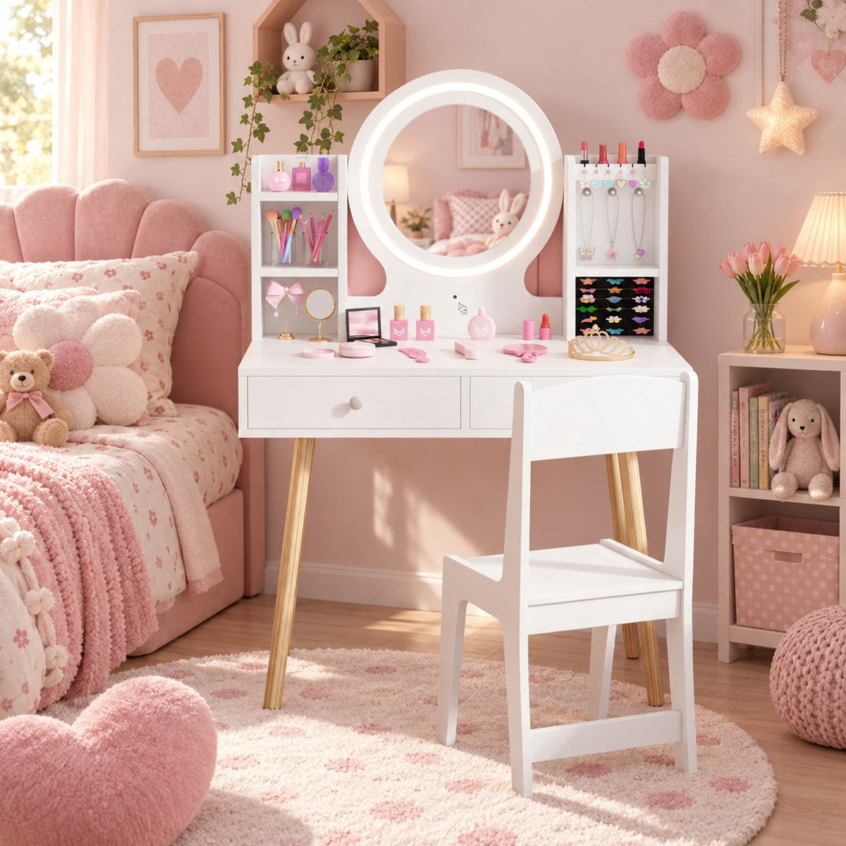 Airfind Kids Vanity Set with Lighted Mirror and Storage Drawers, 110 lbs Capacity, Engineered Wood Frame, for 3+ years old, White