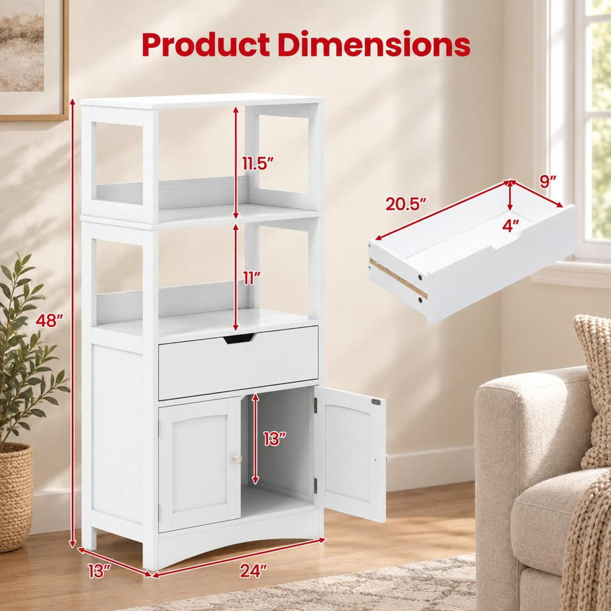 Airfind Bathroom Storage Cabinet with Drawer and Shelf Floor Cabinet, 20 lbs Capacity, MDF PB Frame, White
