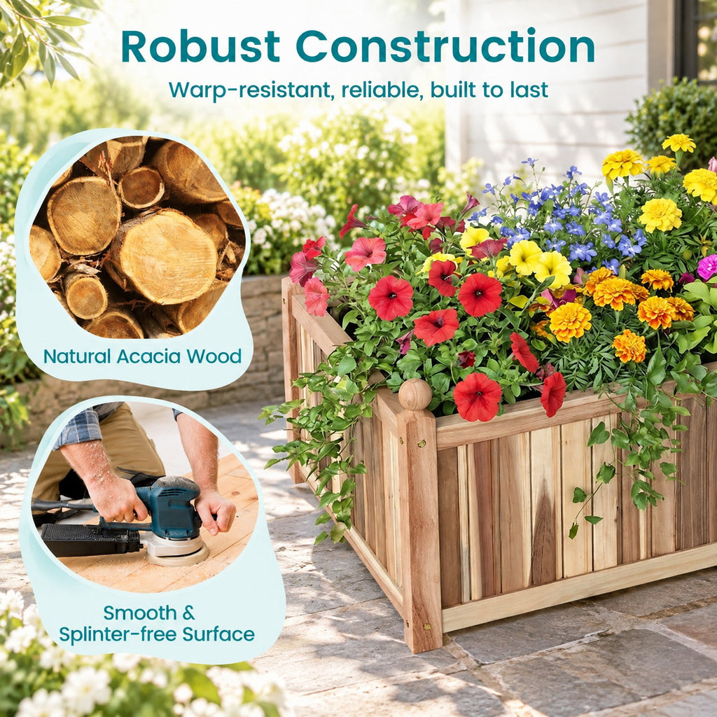 Airfind Wooden Raised Garden Bed Natural Acacia Wood Rectangular Planter Box with Liner, 110 lbs Capacity, Acacia Wood Frame, Natural
