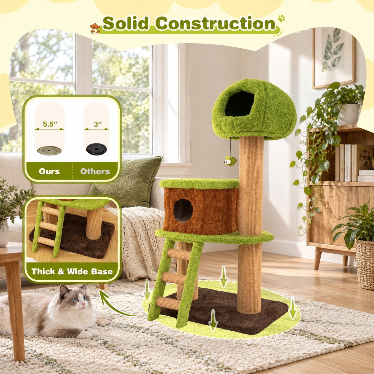 Airfind Cute Cat Tree for Indoor Cats with Mushroom-shaped Nest Condo and Climbing Ladder, 30 x 20 x 56 Cat Condo Footprint, Green