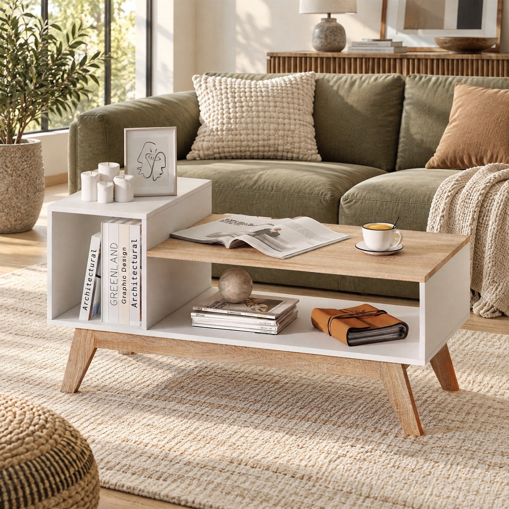 Airfind 43 Inch Coffee Table with Stepped Tabletop and Storage Compartments, 100 lbs Capacity, Engineered Wood MDF Frame, White