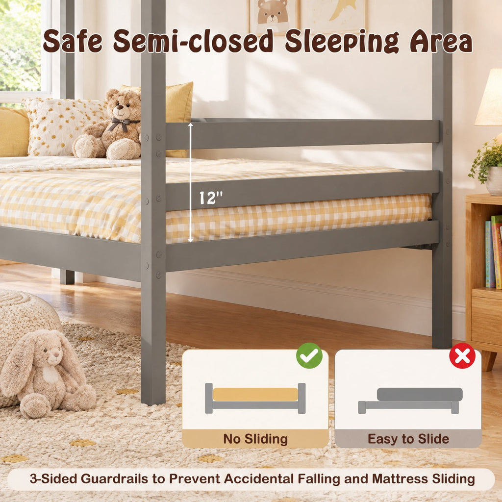 Airfind Twin Size Wooden Platform House Bed with Trundle and Roof, 250 lbs Capacity, Solid Wood Plywood Slats Engineered Wood Frame, Grey