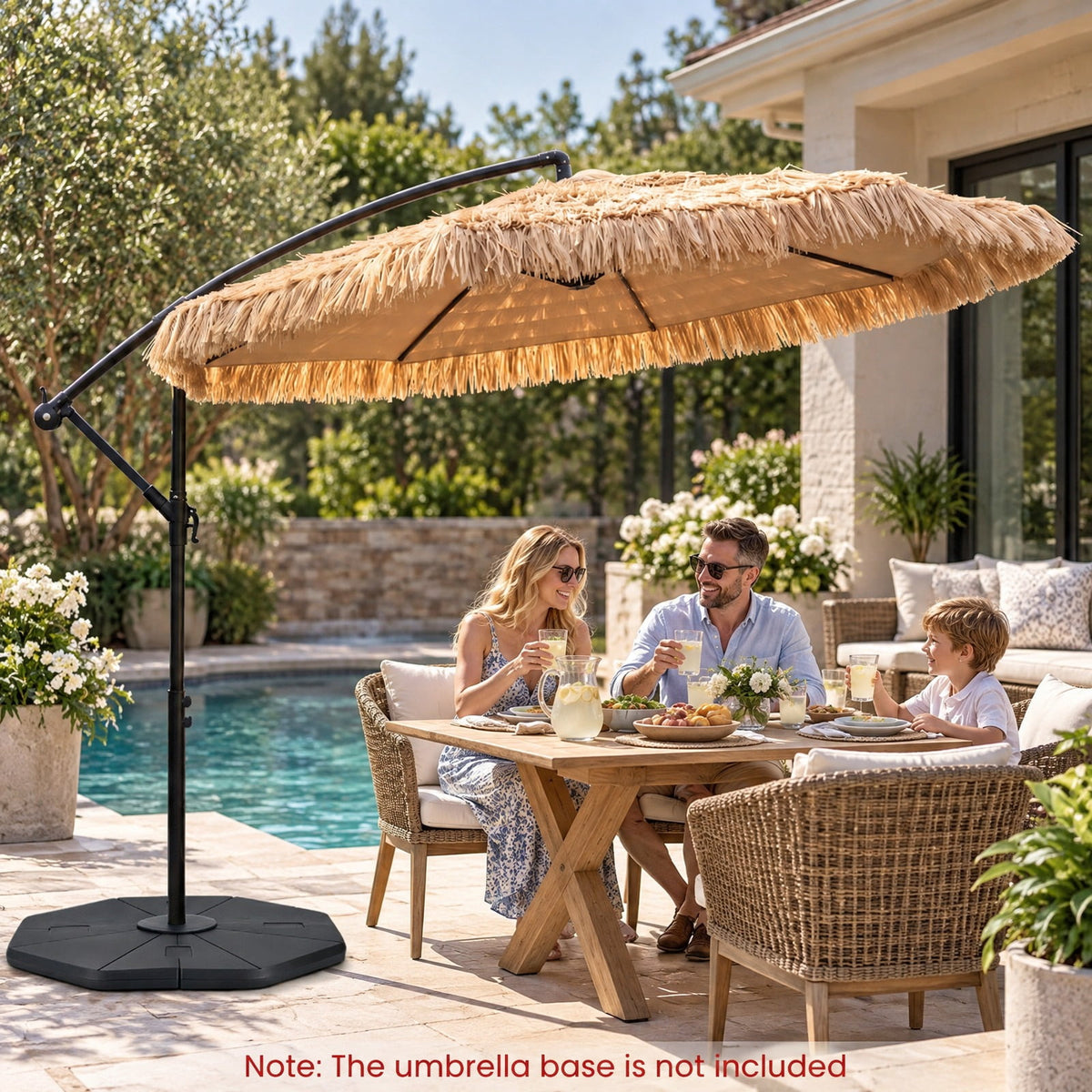 Airfind 10 FT Solar Thatched Cantilever Umbrella with 96 Multi-color Flowing Lights and 12 Modes, PE Thatch Polyester Fabric Metal ABS Frame, Brown