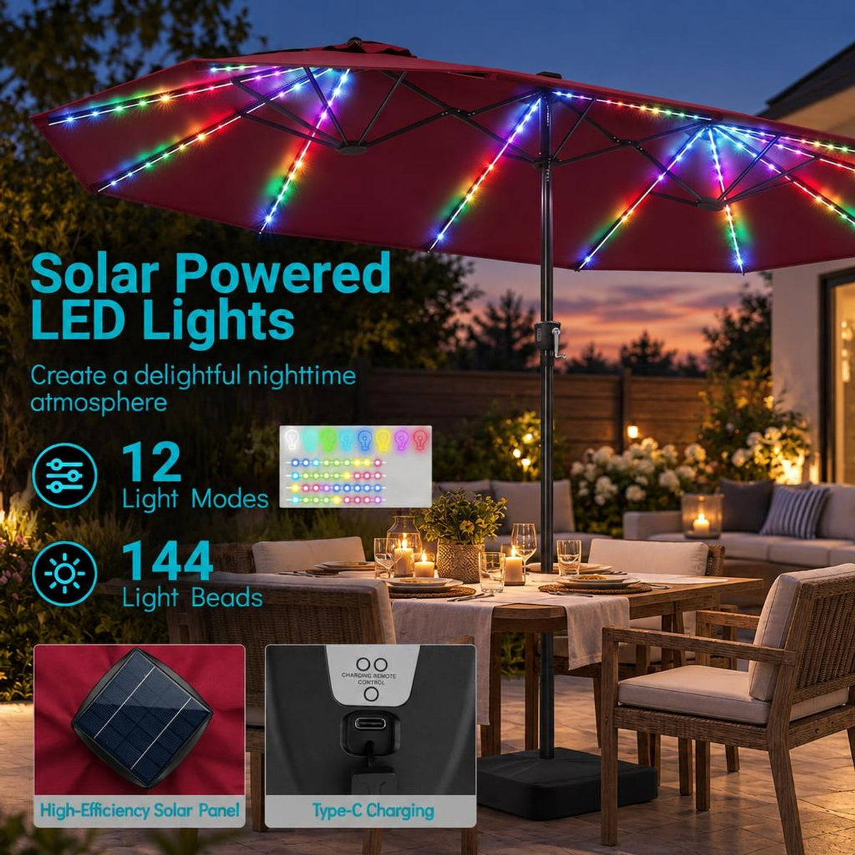 Airfind 15.5FT Extra-Large Patio Umbrella with Base 12 Reinforced Ribs, 180G Polyester Fabric Metal External Frame, Red