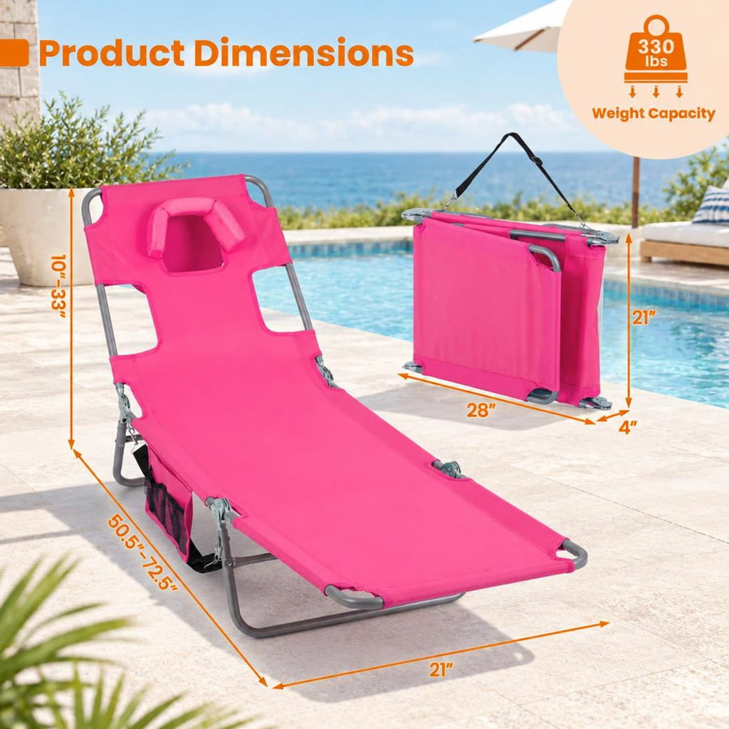 Airfind Folding Beach Lounge Chair with Adjustable Backrest for Lawn, 330 lbs Capacity, Metal Oxford Fabric Polyester Sponge Frame, Pink
