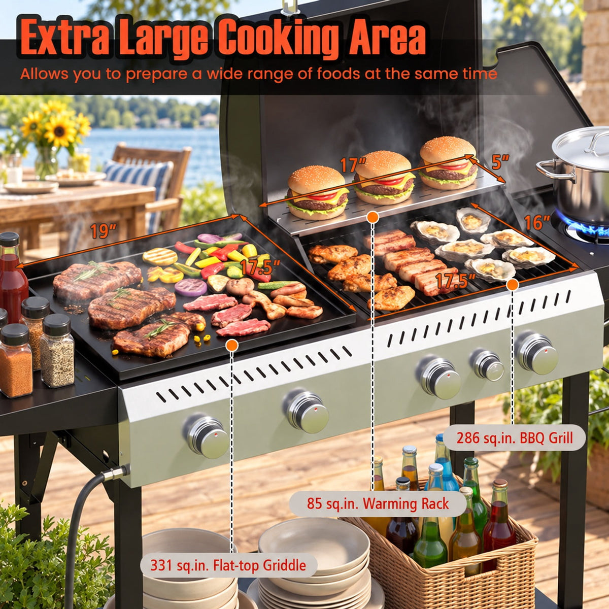 Airfind 5-Burner Propane Gas Grill and Griddle Combo with Side Burner, Metal 201 Stainless Steel Cast Iron PP Frame, Black