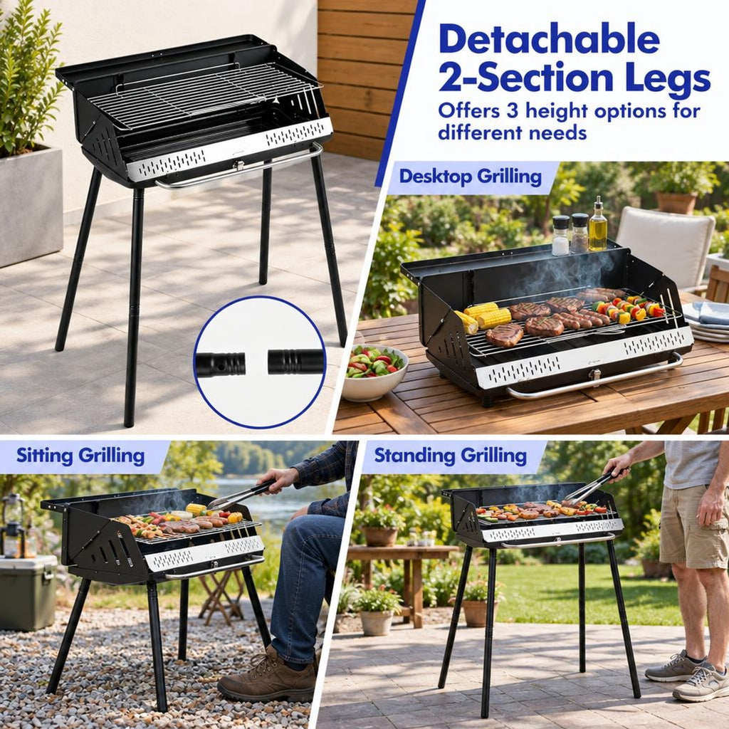 Airfind Portable Grill with Detachable Legs Adjustable Grate and Carrying Bag, 32 Inch x 18.5 Inch x 33.5 Inch Footprint for Everyday Use, Charcoal
